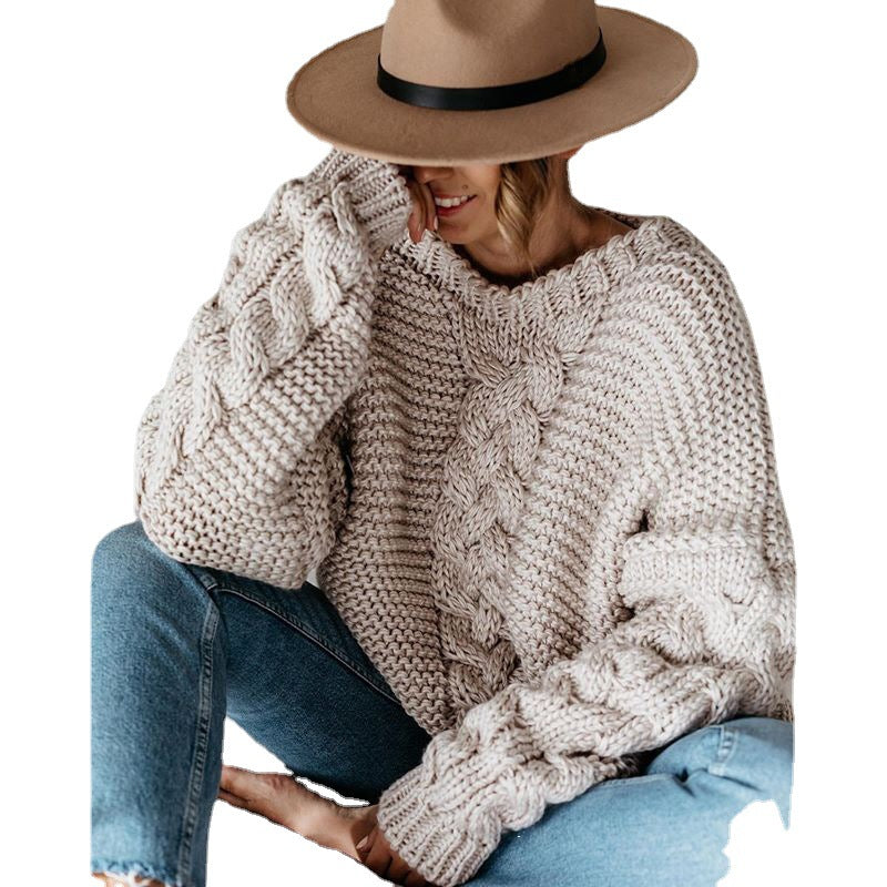 Damen Pullover Grobstrick Voluminöse Ärmel Zopfmuster