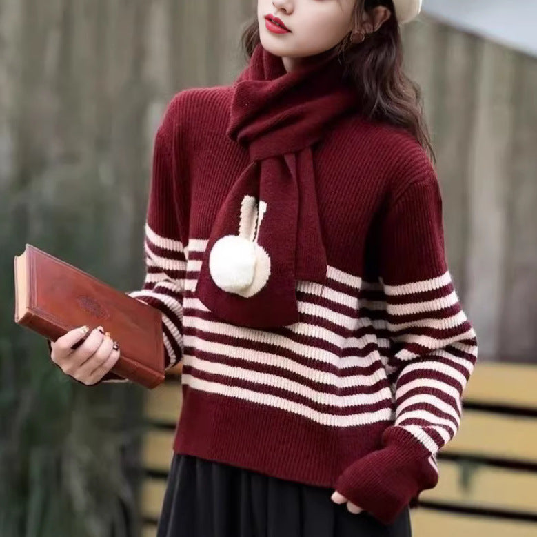 Damen Strickpullover Hochkragen Streifenmuster Eveloria - Eveloria