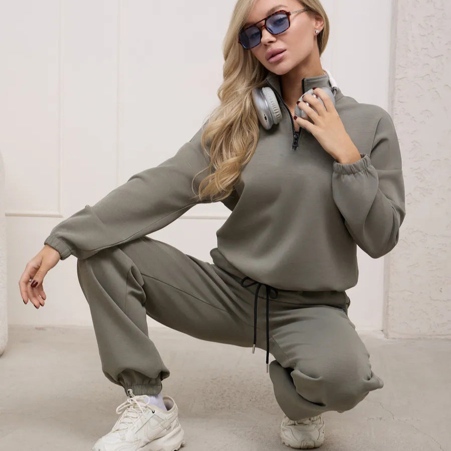 Damen Fleece-Jogginganzug Elastisch Halbzipp Reißverschluss Grau