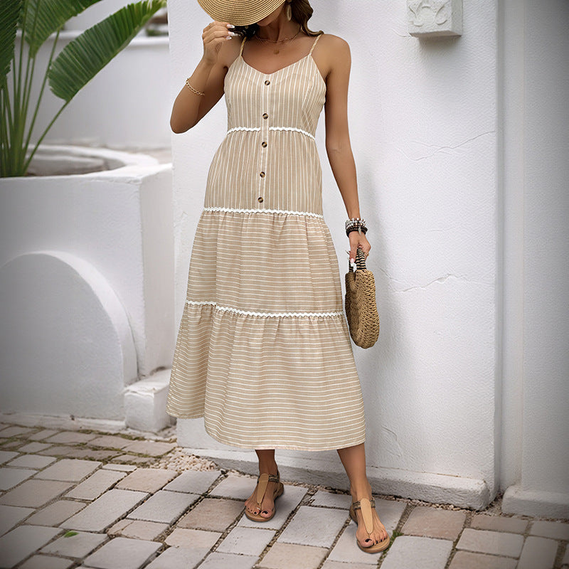 Damen Maxikleid Sommer Streifen Knopfleiste Eveloria