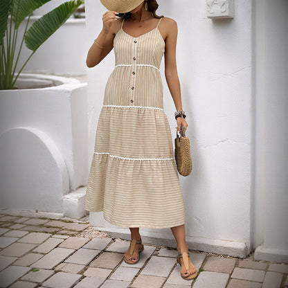 Damen Maxikleid Sommer Streifen Knopfleiste Eveloria