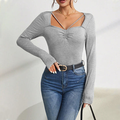 Damen Langarm-Bodysuit V-Ausschnitt mit Schulterdetails - Eveloria