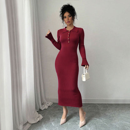 Damen Maxikleid Figurbetont Polokragen Knopfleiste Eveloria