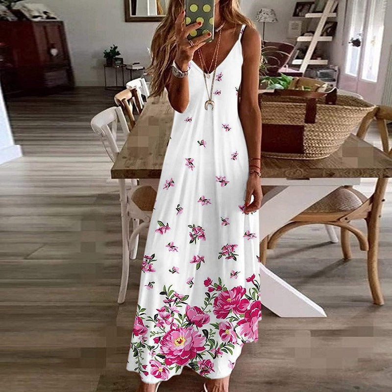 Damen Maxikleid Baumwolle Blumenprint V-Ausschnitt