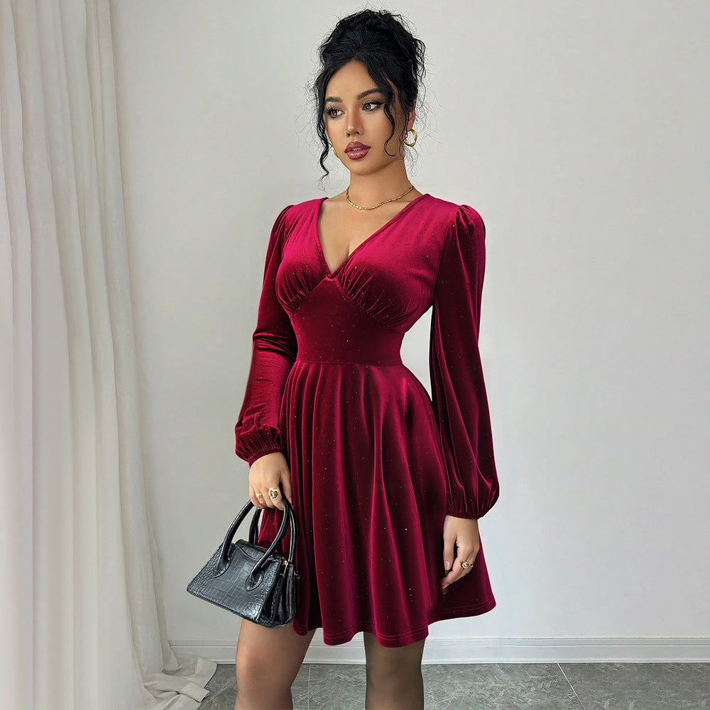 Damen Kurzarmkleid mit Puffärmeln V-Ausschnitt - Eveloria