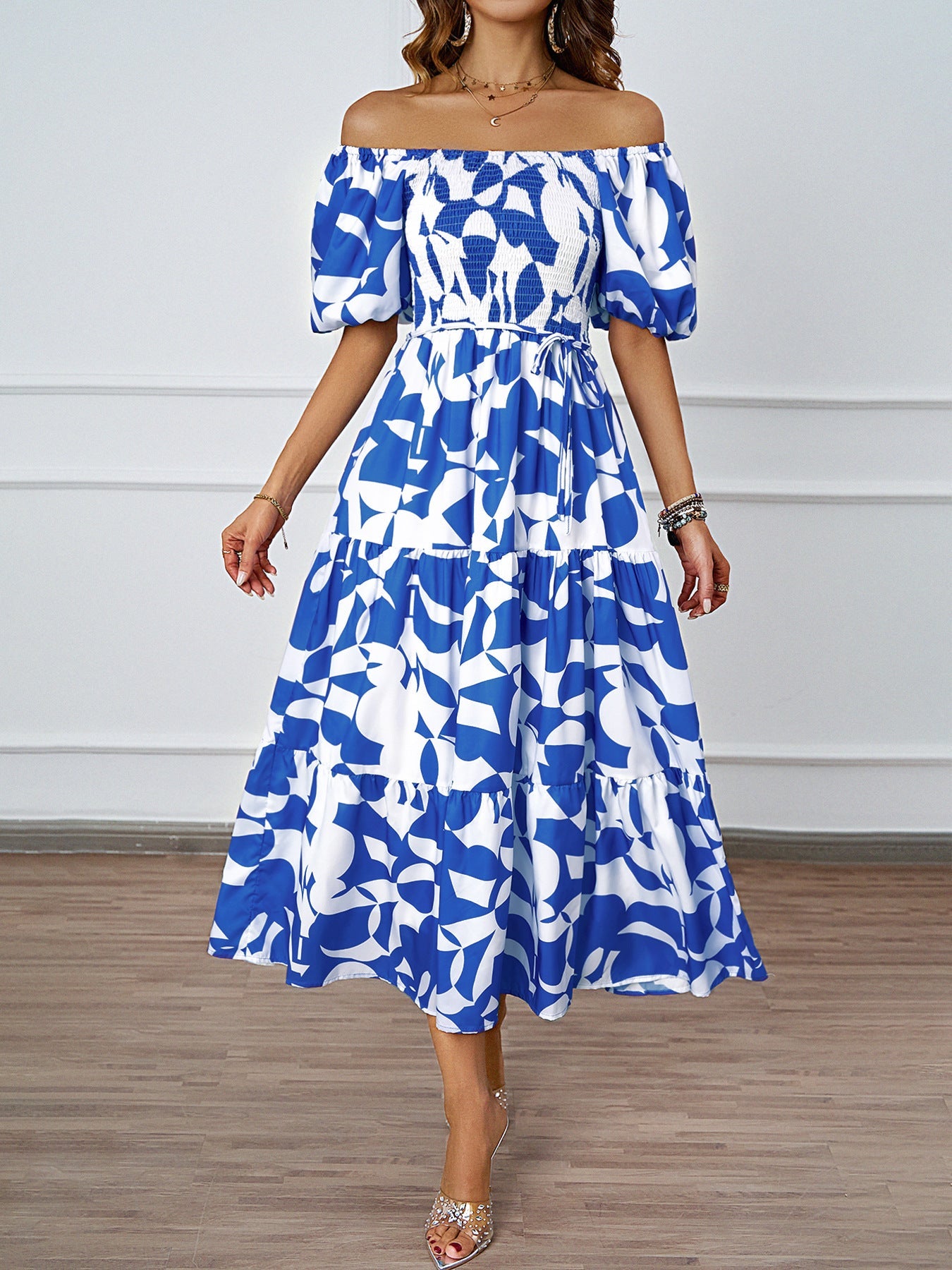 Damen Maxikleid Off-Shoulder Voluminöse Ärmel Floral-Print