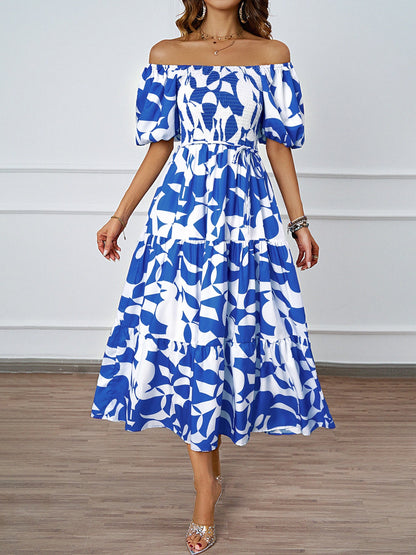 Damen Maxikleid Off-Shoulder Voluminöse Ärmel Floral-Print