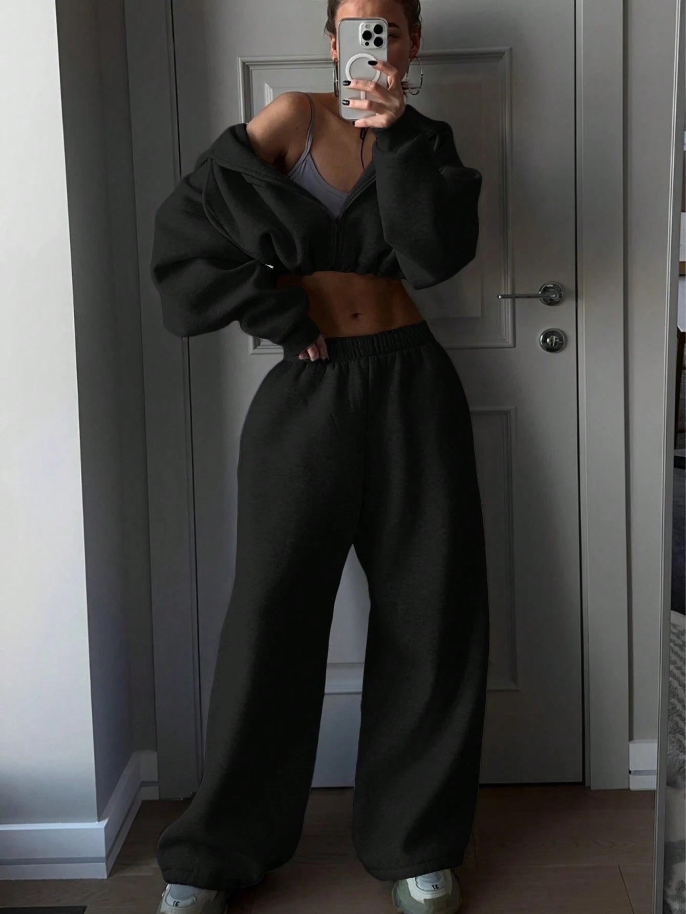 Damen Sweatshirt Set Cropped mit weiter Jogginghose Grau