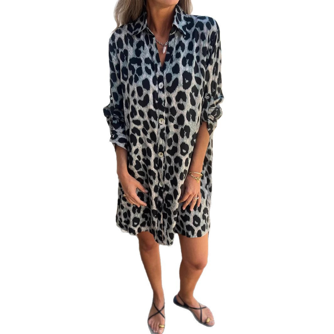Damen Leopardenmuster Hemdblusenkleid Eveloria