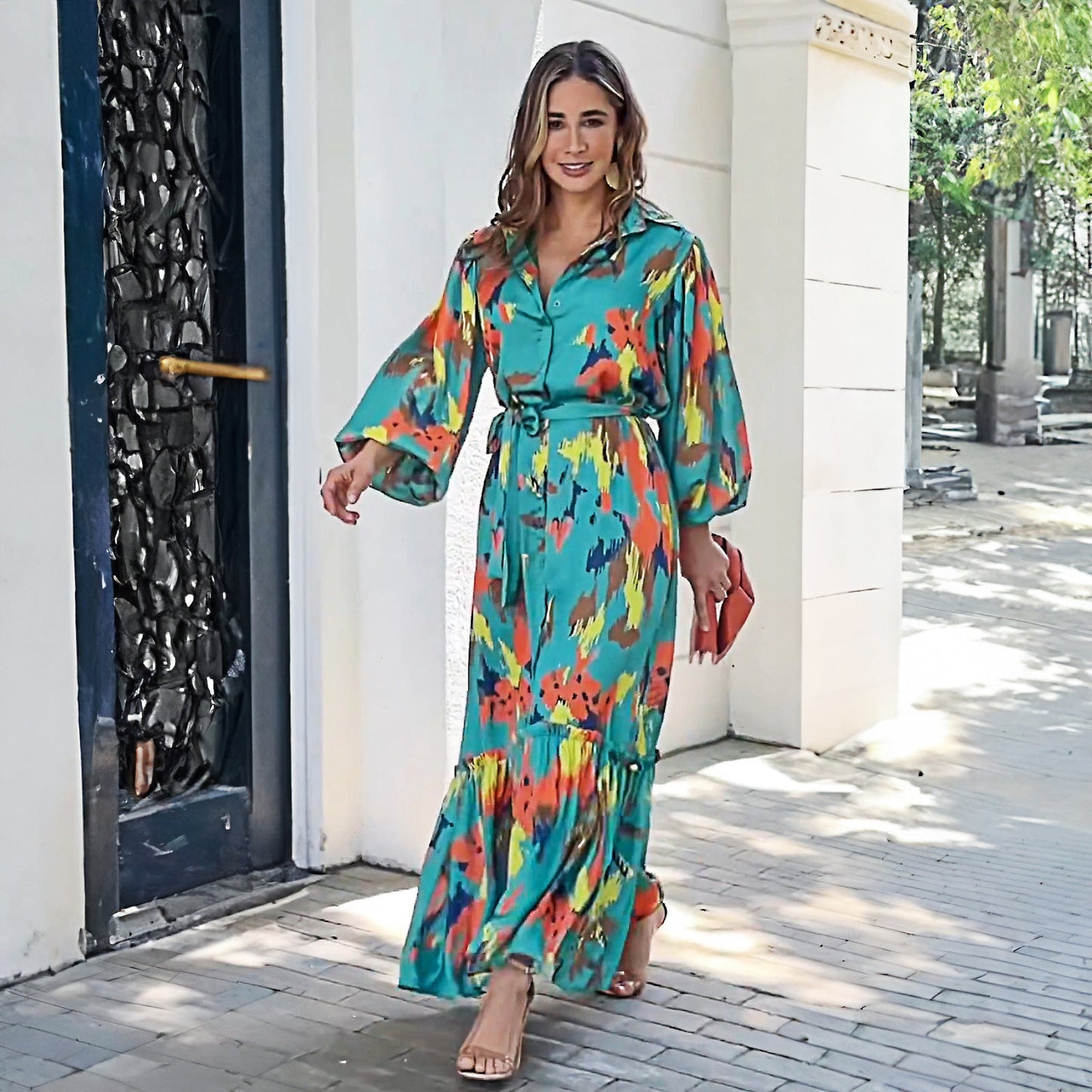 Damen Maxikleid Farbenfroh Voluminöse Ärmel Eveloria