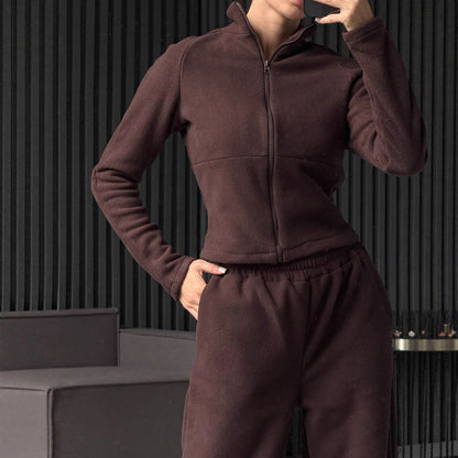 Damen Fleece Jogginganzug Hochkragen Praktische Taschen Schwarz - Eveloria