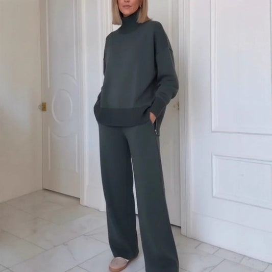 Damen Strick-Loungewear-Set Hochgeschlossener Pullover Weite Hose - Eveloria