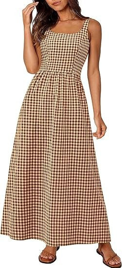 Damen Maxikleid Karomuster Elastisch