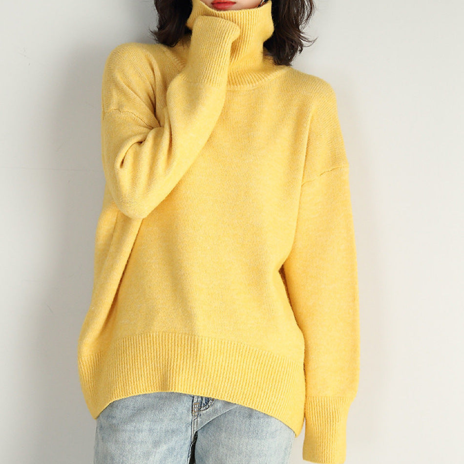 Damen Oversized Rollkragenpullover Gestrickt Basic Beige - Eveloria