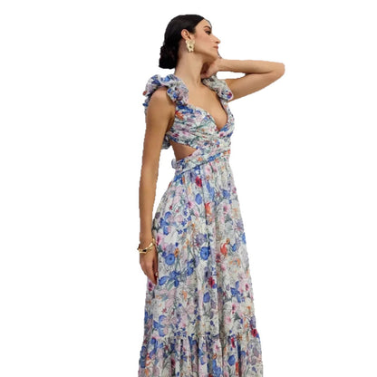 Damen Maxikleid Floralmuster Rüschen