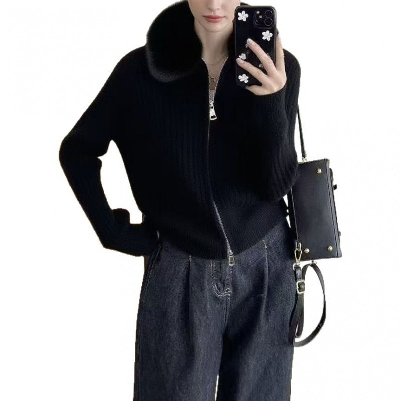 Damen Strickjacke Kunstfellkragen Rippstruktur