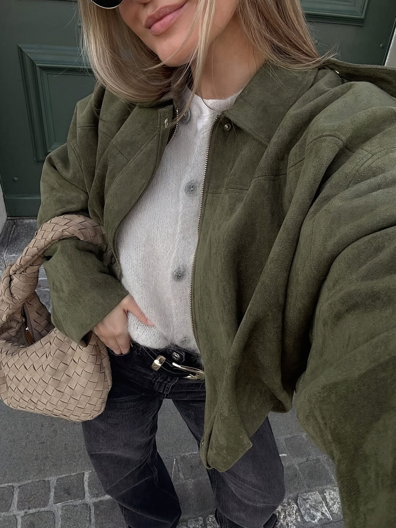 Damen Oversized Jacke Wildlederimitat Weich Eveloria