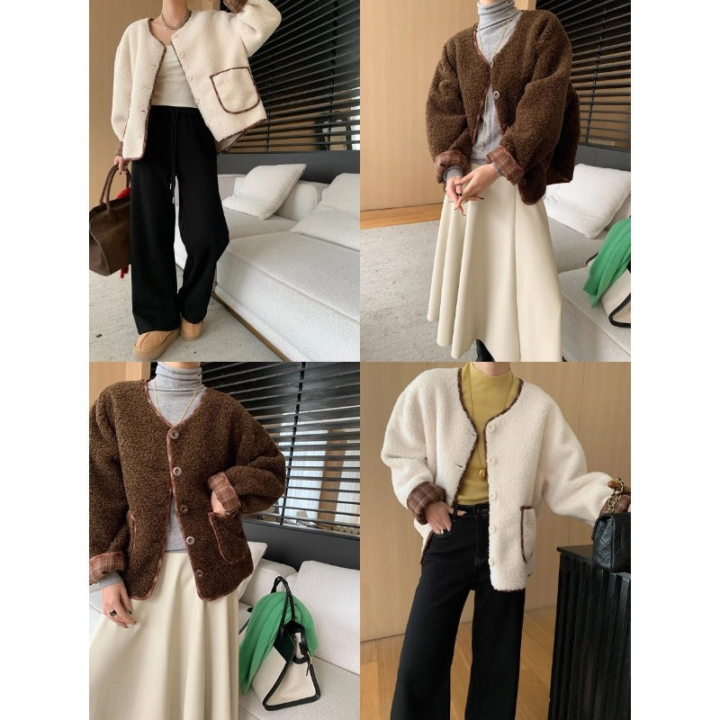 Damen Oversized Fleecejacke Kontrastdetails Kuschelig Grau