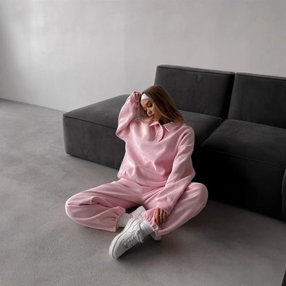 Damen Lounge-Set Polokragen Weites Oberteil und Hose Eveloria