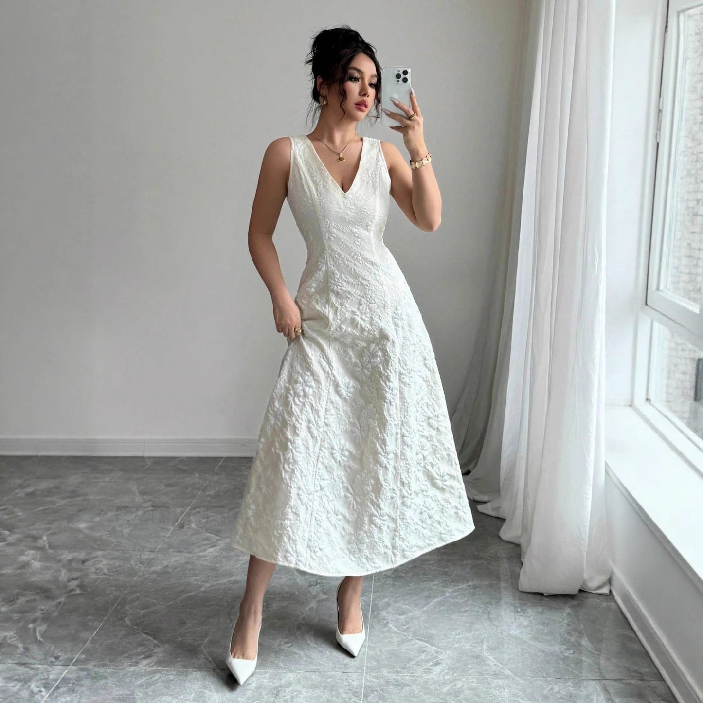 Damen Maxikleid Spitze V-Ausschnitt Spaghettiträger Schwarz - Eveloria