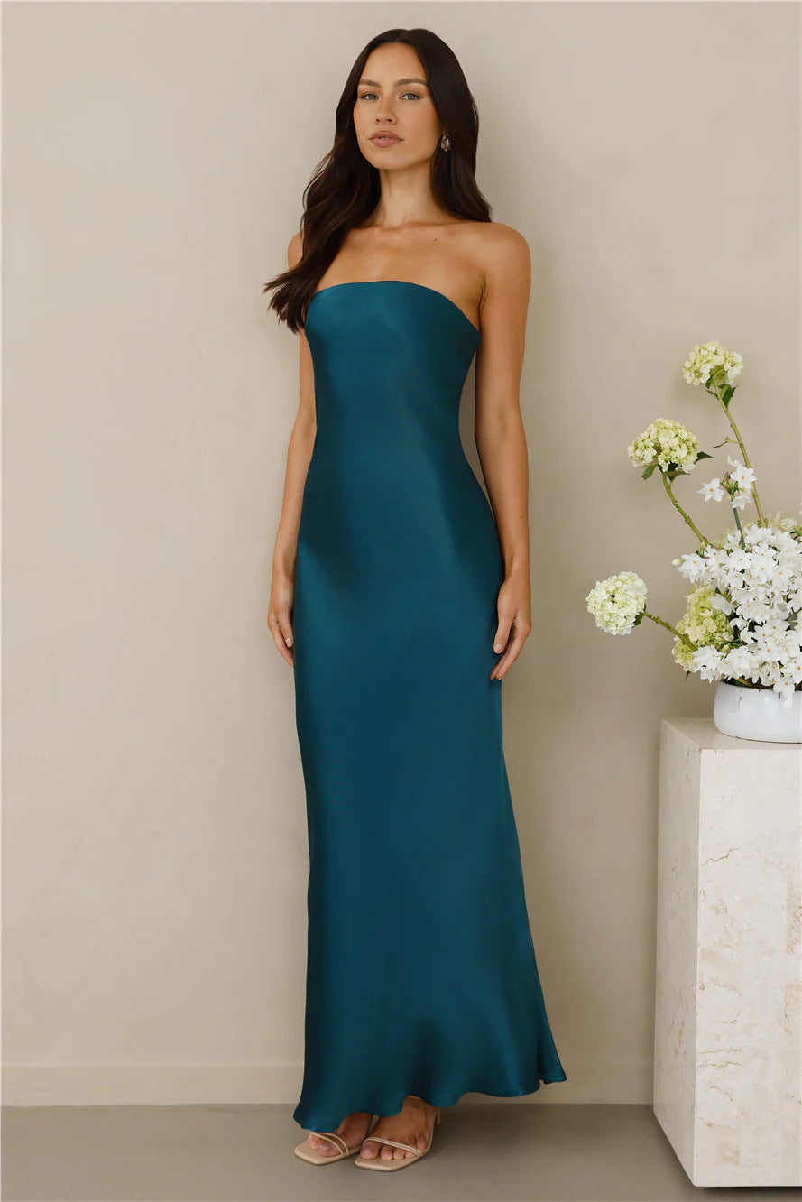Damen Schulterfreies Maxikleid Satinoptik Elegant Eveloria