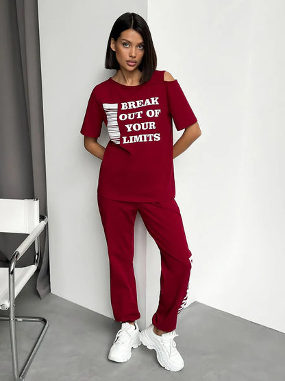 Damen Sportliches Zweiteiler Set grafisches Print Cut-Outs Eveloria