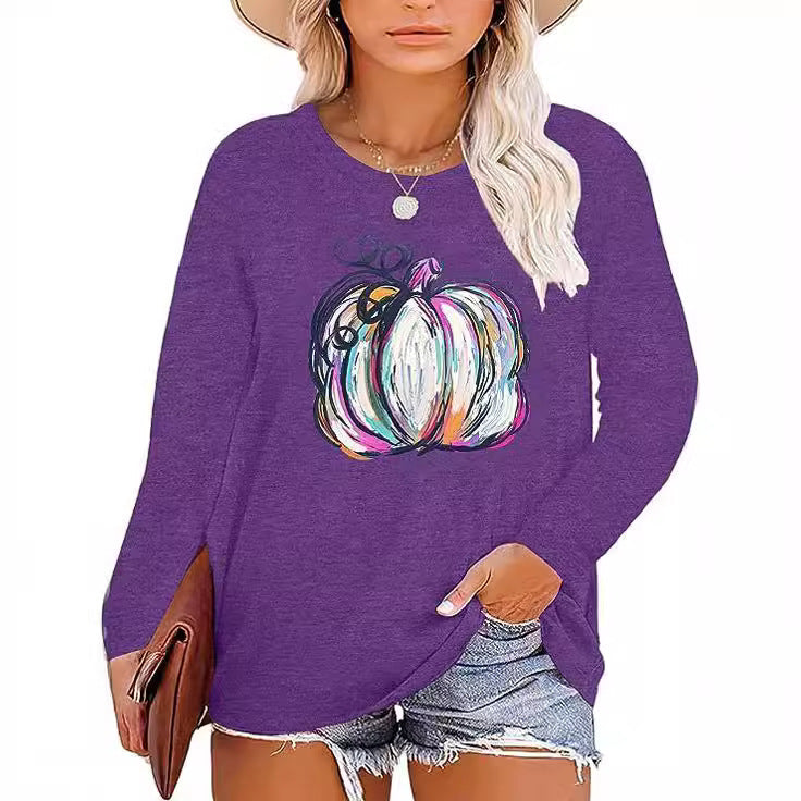 Damen Langarmshirt Kürbis-Motiv Eveloria Herbstlich Braun