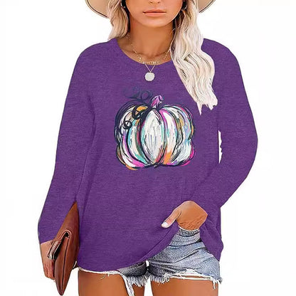Damen Langarmshirt Kürbis-Motiv Eveloria Herbstlich Braun