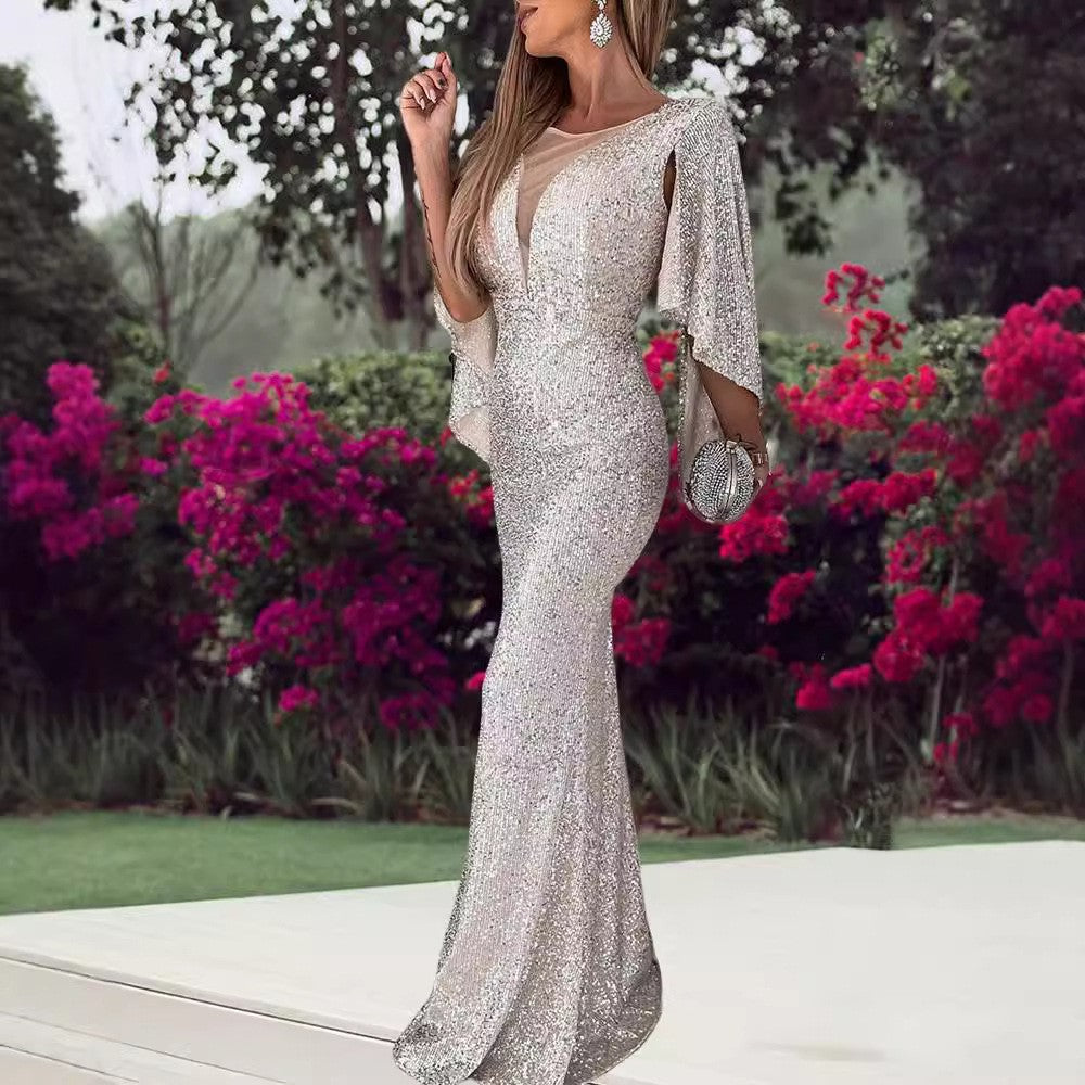 Damen Abendkleid Pailletten V-Ausschnitt Flügelärmel Eveloria