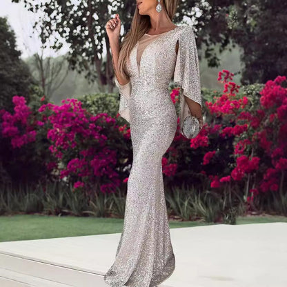 Damen Abendkleid Pailletten V-Ausschnitt Flügelärmel Eveloria