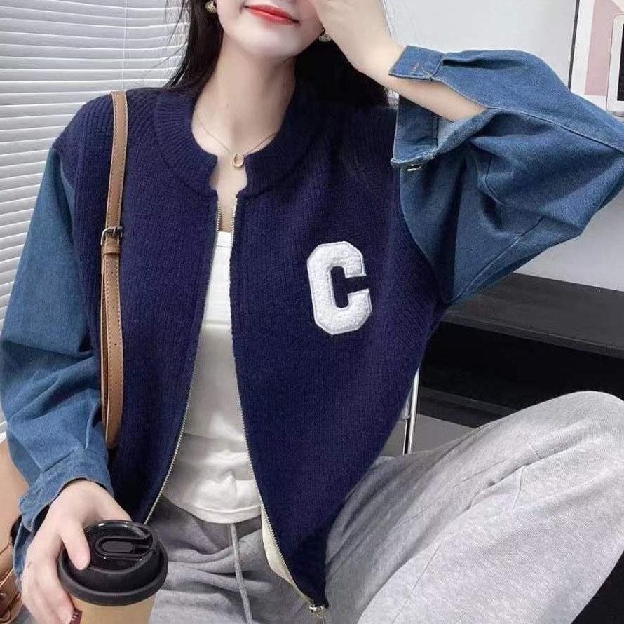 Damen Strickjacke Denim Ärmel Eveloria