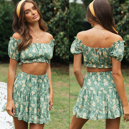 Damen Zweiteiliges Outfit Voluminöse Rüschen Florales Design - Eveloria