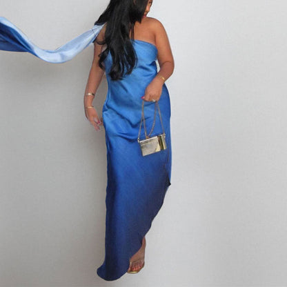 Damen Maxikleid Schulterfrei Elegant Seidenlook