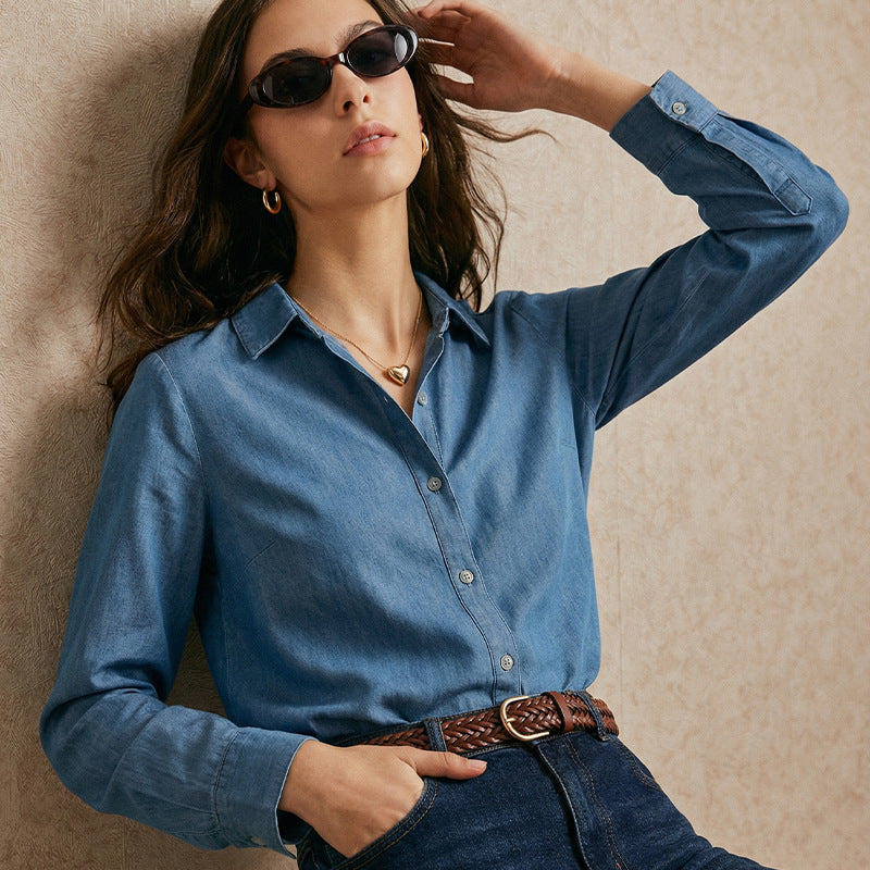 Damen Denim Bluse Knopfleiste Modischer Schnitt Blau Eveloria