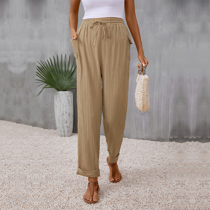 Damen Sommerhose Elastischer Bund Baumwolle Beige - Eveloria