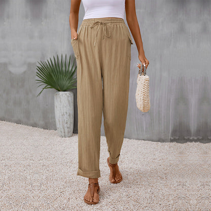 Damen Sommerhose Elastischer Bund Baumwolle Beige - Eveloria