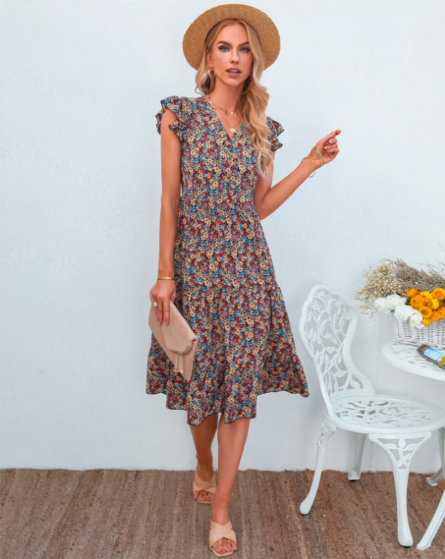 Damen A-Linien Kleid Rüschenärmel Floralmuster Eveloria