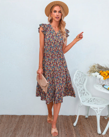 Damen A-Linien Kleid Rüschenärmel Floralmuster Eveloria