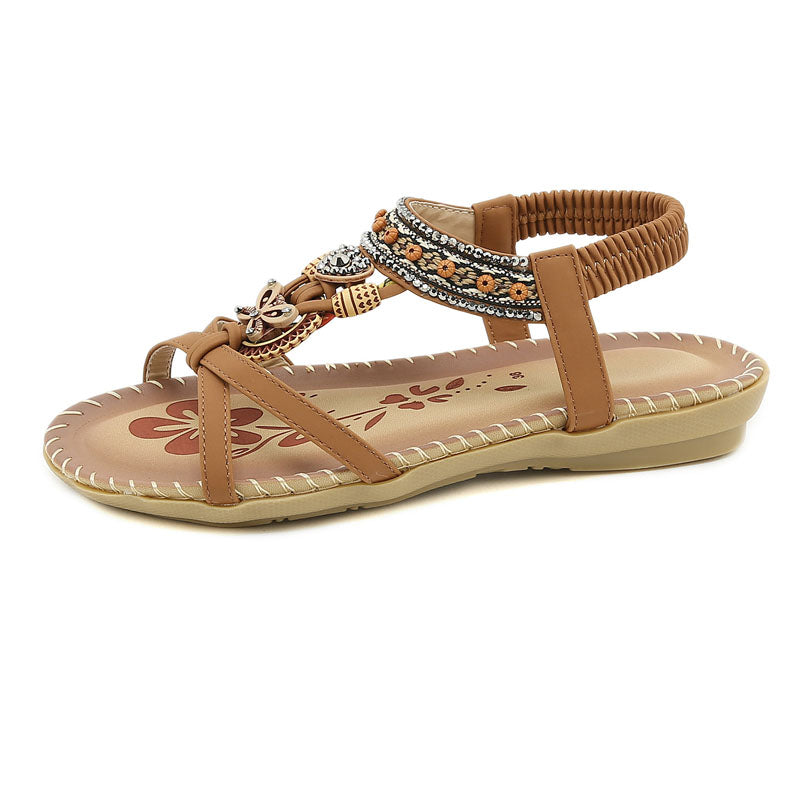 Damen Sandalen Boho Stil Elastikriemen Beige