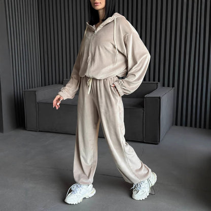 Damen Fleece Sportanzug Lässig Mit Taschen Schwarz - Eveloria