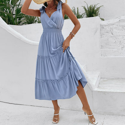Damen Maxikleid V-Ausschnitt Volant Elegant