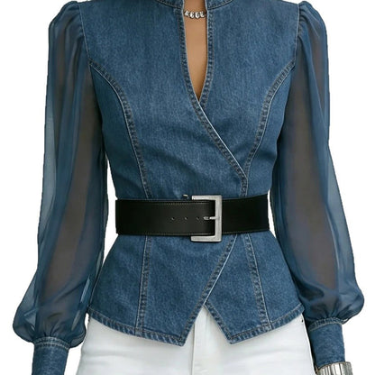 Damen Jeansbluse Tailliert Transparente Ärmel Blau