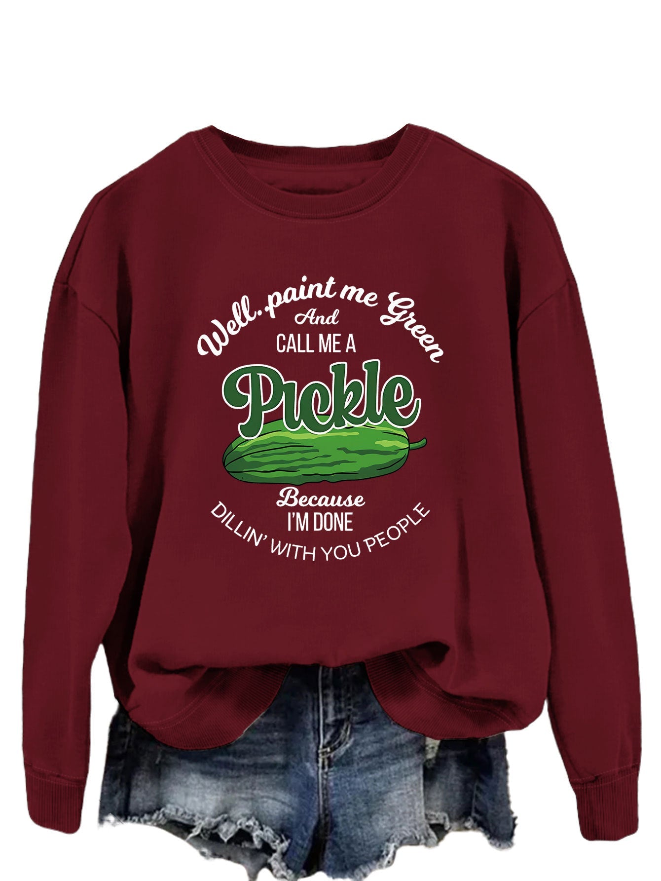 Damen Sweatshirt Gurkenmotiv Baumwolle Weiß