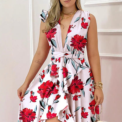 Damen Maxikleid Palmenmuster V-Ausschnitt Eveloria
