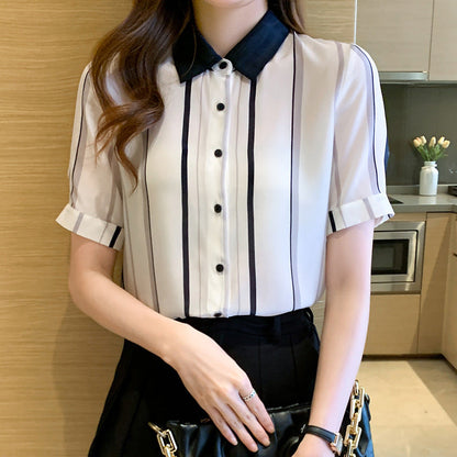 Damen Bluse Kurzarm Streifenmuster Eleganter Kragen Weiß