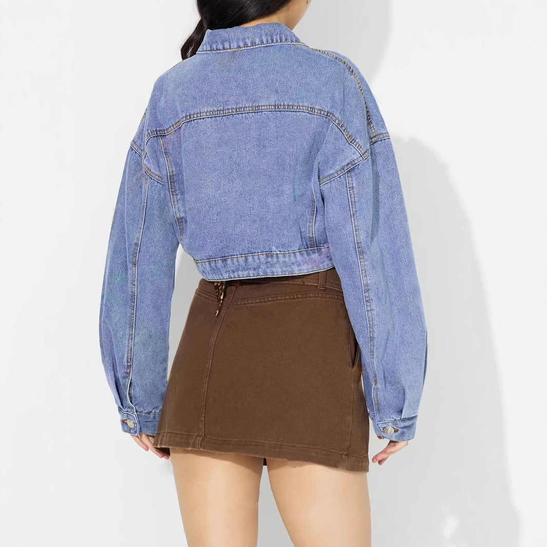 Damen Cropped Jeansjacke Voluminöse Ärmel Blau
