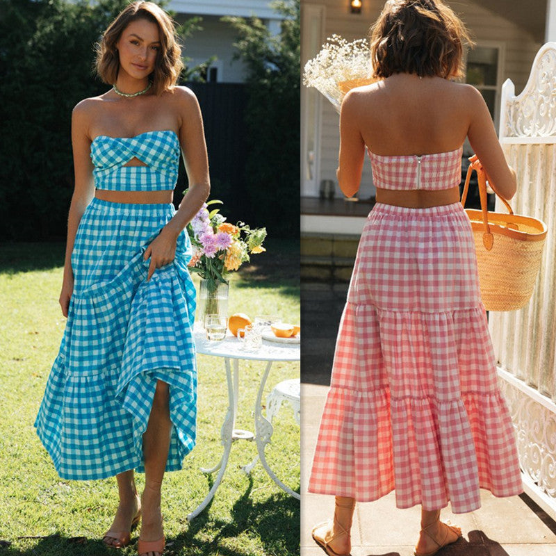 Damen Gingham Set Crop Rock - Eveloria