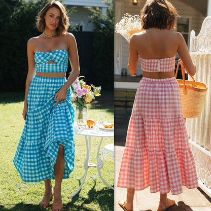Damen Gingham Set Crop Rock - Eveloria