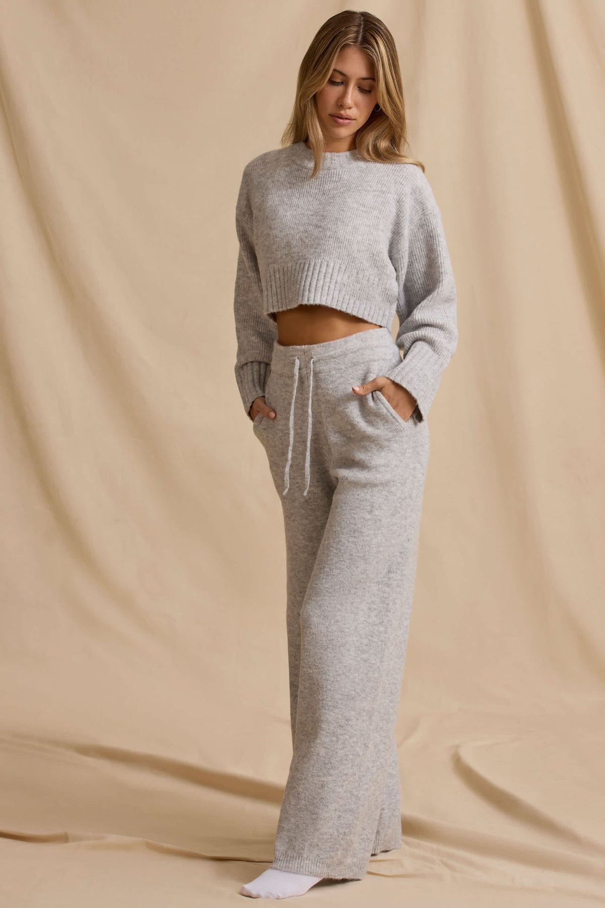 Damen Strick-Set Cropped Pullover Weite Hose Beige