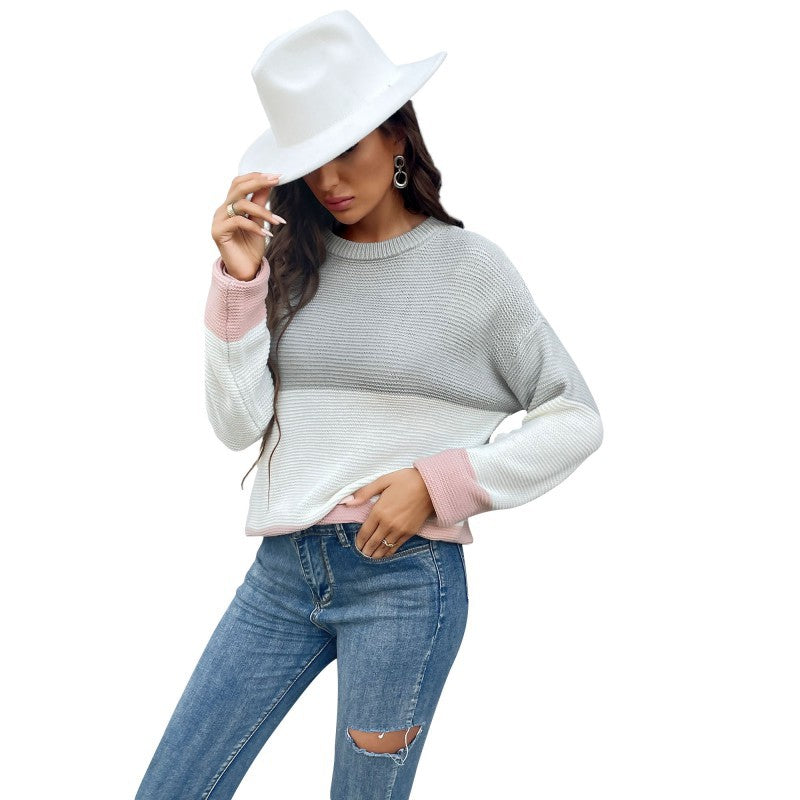 Damen Strickpullover Farbblock-Design Rundhalsausschnitt Leicht